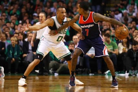 BOSTON, MA - MAY 10: Avery Bradley #0 of the Boston Celtics defends Brandon Jennings #7 of the Washington Wizards during the second half of Game Five of the Eastern Conference Semifinals at TD Garden on May 10, 2017 in Boston, Massachusetts. The Celtics defeat the Wizards 123-101. NOTE TO USER: User expressly acknowledges and agrees that, by downloading and or using this Photograph, user is consenting to the terms and conditions of the Getty Images License Agreement.   Maddie Meyer/Getty Images/AFP