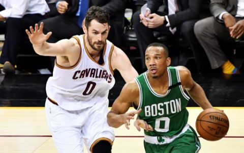 CLEVELAND, OH - MAY 21: Avery Bradley #0 of the Boston Celtics drives against Kevin Love #0 of the Cleveland Cavaliers in the first half during Game Three of the 2017 NBA Eastern Conference Finals at Quicken Loans Arena on May 21, 2017 in Cleveland, Ohio. NOTE TO USER: User expressly acknowledges and agrees that, by downloading and or using this photograph, User is consenting to the terms and conditions of the Getty Images License Agreement. Jamie Sabau/Getty Images/AFP