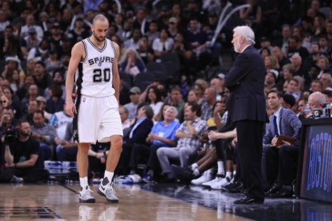 SAN ANTONIO, TX - MAY 22: Manu Ginobili #20 of the San Antonio Spurs reacts in the second half as head coach Gregg Popovich looks on during Game Four of the 2017 NBA Western Conference Finals against the Golden State Warriors at AT&T Center on May 22, 2017 in San Antonio, Texas. NOTE TO USER: User expressly acknowledges and agrees that, by downloading and or using this photograph, User is consenting to the terms and conditions of the Getty Images License Agreement. Ronald Martinez/Getty Images/AFP