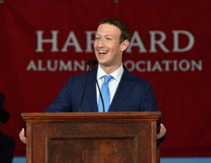 CAMBRIDGE, MA - MAY 25: Facebook Founder and CEO Mark Zuckerberg delivers the commencement address at the Alumni Exercises at Harvard's 366th commencement exercises on May 25, 2017 in Cambridge, Massachusetts. Zuckerberg studied computer science at Harvard before leaving to move Facebook to Paolo Alto, CA. He returned to the campus this week to his former dorm room and live streamed his visit. Paul Marotta/Getty Images/AFP