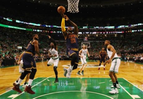 BOSTON, MA - MAY 25: LeBron James #23 of the Cleveland Cavaliers drives to the basket in the first half against the Boston Celtics during Game Five of the 2017 NBA Eastern Conference Finals at TD Garden on May 25, 2017 in Boston, Massachusetts. NOTE TO USER: User expressly acknowledges and agrees that, by downloading and or using this photograph, User is consenting to the terms and conditions of the Getty Images License Agreement. Elsa/Getty Images/AFP