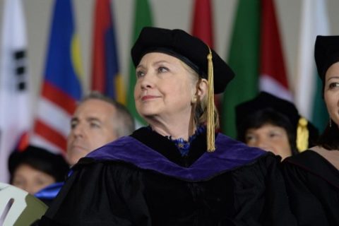 WELLESLEY, MA - MAY 26: Hillary Clinton listens during commencement at Wellesley College May 26, 2017 in Wellesley, Massachusetts. Clinton graduated from Wellesley College in 1969. Darren McCollester/Getty Images/AFP