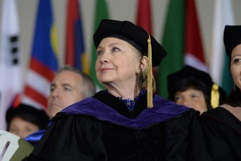 WELLESLEY, MA - MAY 26: Hillary Clinton listens during commencement at Wellesley College May 26, 2017 in Wellesley, Massachusetts. Clinton graduated from Wellesley College in 1969.   Darren McCollester/Getty Images/AFP