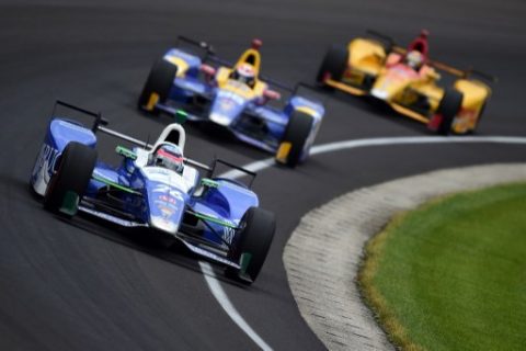 INDIANAPOLIS, IN - MAY 28: Takuma Sato of Japan, driver of the #26 Andretti Autosport Honda, leads a group of cars during the 101st Indianapolis 500 at Indianapolis Motorspeedway on May 28, 2017 in Indianapolis, Indiana. Jared C. Tilton/Getty Images/AFP