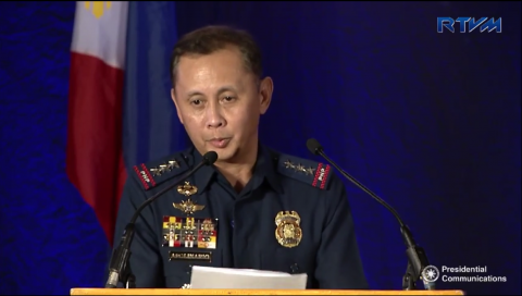 Philippine National Police Deputy Director General Ramon Apolinario gives the keynote speech on behalf of PNP chief Director General Ronald Dela Rosa during Tuesday's #RealNumbersPH forum in Pasig City. (Photo grabbed from RTVM video)