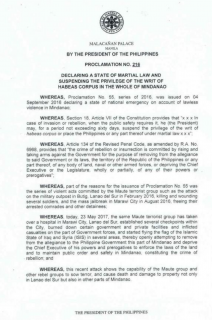 A copy of the martial law proclamation signed by President Rodrigo Duterte while in Moscow, Russia. A certified cioy of the proclamation was transmitted Wednesday night to Congress.