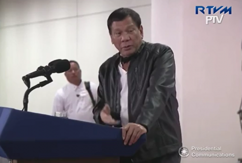 President Duterte speaking to reporters upon his arrival Tuesday dawn (May 16, 2017) at the Davao International Airport from his officials visits to Cambodia, Hong Kong and China. (Photo grabbed from RTVM video)