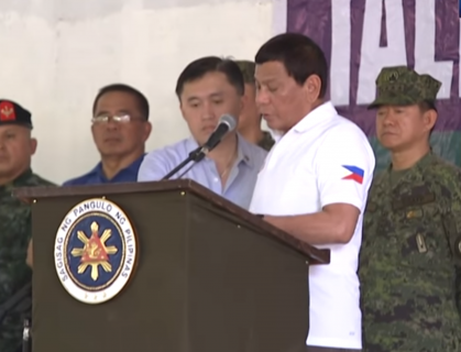 President Rodrigo Duterte talks to the men of Joint Task Force Sulu at the Camp Teodulfo Bautista in Jolo, Sulu on May 27, 2017
