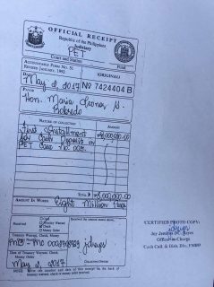 Proof of the Presidential Electoral Tribunal's receipt of the P8 million payment. OVP photo