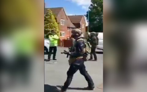 British police raided a property in the Manchester district of Fallowfield where they carried out a controlled explosion on Tuesday (May 23). Photo grabbed from Reuters video file.