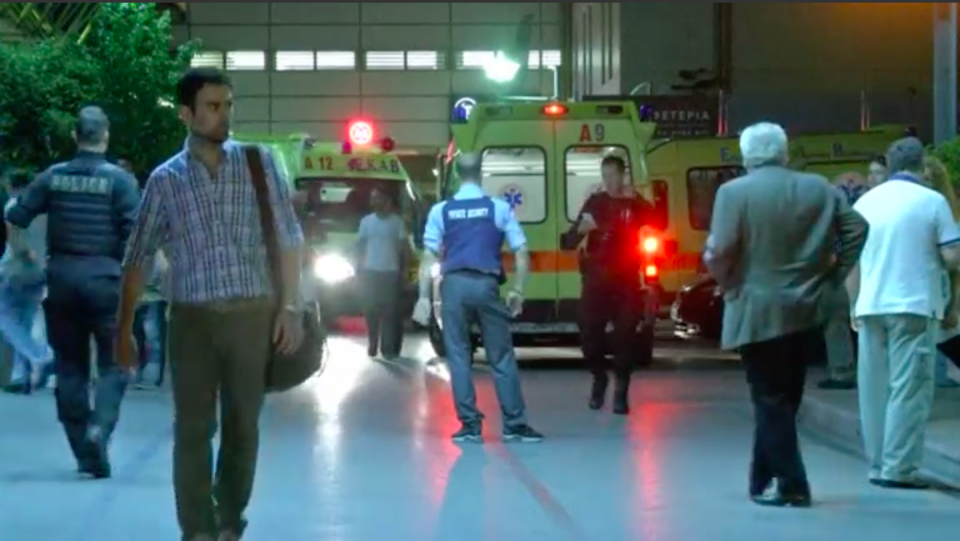 Greek politicians including a former prime minister visited on Thursday (May 25) the hospital where former premier Lucas Papademos was taken after being injured when a booby-trapped package exploded in his car in central Athens, in the worst act of violence targeting politicians in the crisis-hit country for several years. Photo grabbed from Reuters video file.