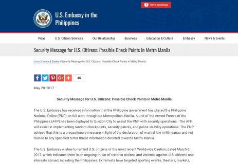The US embassy advisory for possible checkpoints in Metro Manila, as posted on its website. (Photo grabbed from US embassy website)