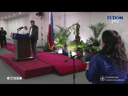 President Rodrigo Duterte answers a question from a reporter during a press conference upon his arrival in Davao from official visits in three Asian countries. (from PCOO)