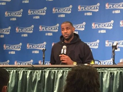 LeBron James addresses the media after the Cavs sweep the Pacers. James finished with 33 points, 10 rebounds, four assists and four steals.