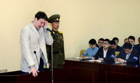 This picture taken and released from North Korea's official Korean Central News Agency (KCNA) on March 16, 2016 shows the trial of US student Otto Frederick Warmbier, who was arrested for committing hostile acts against North Korea, at the Supreme Court in Pyongyang. North Korea on March 16 sentenced an American student who admitted stealing a propaganda banner from a hotel to 15 years' hard labour for subversive activities, state media said. / AFP PHOTO / KCNA / KCNA / - South Korea OUT / REPUBLIC OF KOREA OUT ---EDITORS NOTE--- RESTRICTED TO EDITORIAL USE - MANDATORY CREDIT "AFP PHOTO/KCNA VIA KNS" - NO MARKETING NO ADVERTISING CAMPAIGNS - DISTRIBUTED AS A SERVICE TO CLIENTS THIS PICTURE WAS MADE AVAILABLE BY A THIRD PARTY. AFP CAN NOT INDEPENDENTLY VERIFY THE AUTHENTICITY, LOCATION, DATE AND CONTENT OF THIS IMAGE. THIS PHOTO IS DISTRIBUTED EXACTLY AS RECEIVED BY AFP. /