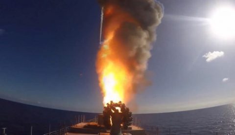 An image grab taken from a video footage made available on the Russian Defence Ministry's official website on November 15, 2016, reportedly shows the frigate Admiral Grigorovich launching cruise missiles in the eastern Mediterranean off the Syrian coast during a strike against Islamic State (IS) group's positions in Syria. Russian Defence Minister Sergei Shoigu said on November 15 that jets from the Admiral Kuznetsov aircraft carrier deployed in the eastern Mediterranean had launched their first strikes on Syria. / AFP PHOTO / Russian Defence Ministry / HO / RESTRICTED TO EDITORIAL USE - MANDATORY CREDIT "AFP PHOTO / HO / Russian Defence Ministry - NO MARKETING NO ADVERTISING CAMPAIGNS - DISTRIBUTED AS A SERVICE TO CLIENTS