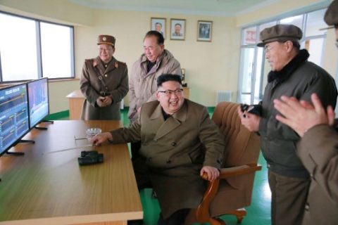 This undated picture released by North Korea's official Korean Central News Agency (KCNA) on March 19, 2017 shows North Korean leader Kim Jong-Un (C) inspecting the ground jet test of a newly developed high-thrust engine at the Sohae Satellite Launching Ground in North Korea. North Korea has tested a powerful new rocket engine, state media said on March 19, with leader Kim Jong-Un hailing the successful test as a "new birth" for the nation's rocket industry. / AFP PHOTO / KCNA VIA KNS / STR / South Korea OUT / REPUBLIC OF KOREA OUT ---EDITORS NOTE--- RESTRICTED TO EDITORIAL USE - MANDATORY CREDIT "AFP PHOTO/KCNA VIA KNS" - NO MARKETING NO ADVERTISING CAMPAIGNS - DISTRIBUTED AS A SERVICE TO CLIENTS THIS PICTURE WAS MADE AVAILABLE BY A THIRD PARTY. AFP CAN NOT INDEPENDENTLY VERIFY THE AUTHENTICITY, LOCATION, DATE AND CONTENT OF THIS IMAGE. THIS PHOTO IS DISTRIBUTED EXACTLY AS RECEIVED BY AFP. /