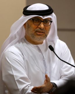 Emirati Minister of State for Foreign Affairs Anwar Gargash gestures during his joint press conference with British Foreign Affairs Minister to the Middle East Alistair Burt in Abu Dhabi, on May 28, 2013.  AFP PHOTO/MARWAN NAAMANI / AFP PHOTO / MARWAN NAAMANI