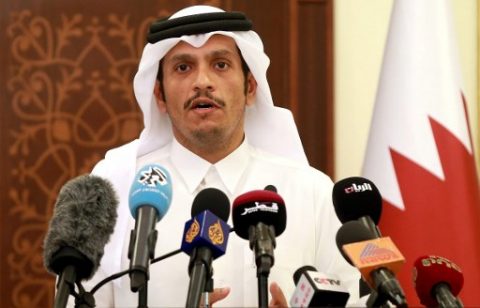 Qatari Foreign Minister Mohammed bin Abdulrahman al-Thani gives a press conference in Doha on May 25, 2017. Qatar has been targeted by a hostile campaign, particularly in the US media, its foreign minister said, a day after the Gulf state accused hackers of attributing false remarks to the emir on state media. / AFP PHOTO / KARIM JAAFAR