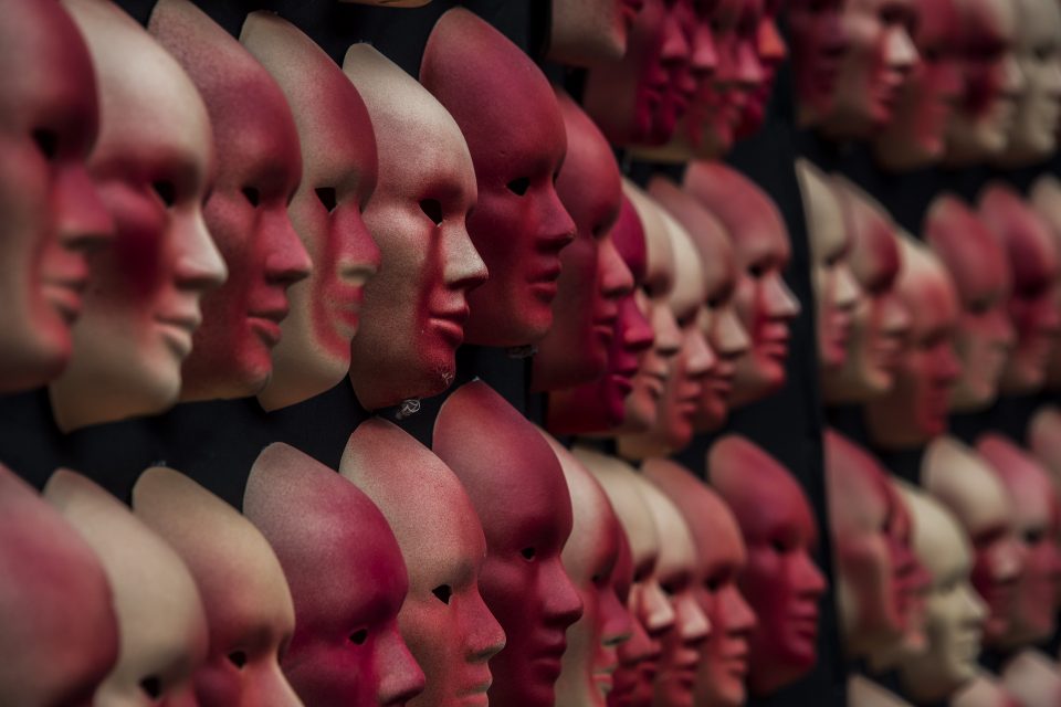 Masks, one for each of the 594 congressmen and one more for Brazilian President Michel Temer, put by the Brazilian NGO Rio de Paz as a protest against the political corruption scandals, are seen at Sao Paulo's Museum of Art (MASP) in Sao Paulo, Brazil, are seen on June 1, 2017. / AFP PHOTO / Nelson ALMEIDA