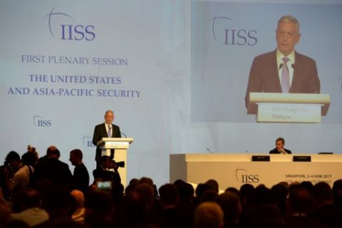US Pentagon chief Jim Mattis delivers his speech during the first plenary session at the 16th Institute for Strategic Studies (IISS), ShangriLa Dialogue Summit in Singapore on June 3, 2017. The annual Shangri-La Dialogue is attended by defence ministers from around the region and runs from June 2 to 4. / AFP PHOTO / ROSLAN RAHMAN