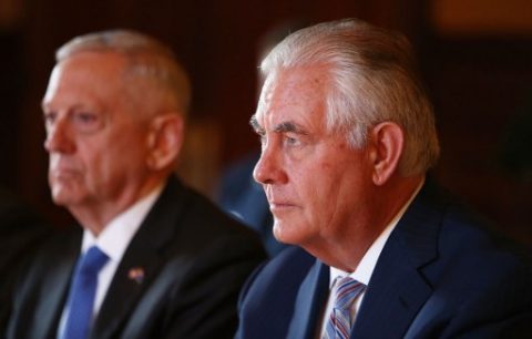 US Secretary of State Rex Tillerson (R) and US Secretary of Defence Jim Mattis (L) hold talks with Australian Foreign Minister Julie Bishop and Australian Defence Minister Marise Payne during a meeting at Government House in Sydney on June 5, 2017. Australia's foreign and defence ministers meet with their US counterparts Rex Tillerson and Jim Mattis for annual talk. / AFP PHOTO / POOL / Mark Metcalfe