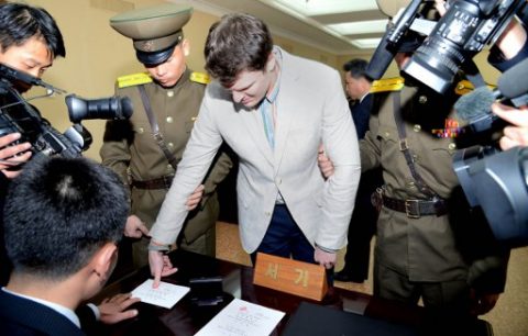 (FILES) This file photo taken on March 16, 2016 and released from North Korea's official Korean Central News Agency (KCNA) shows the trial of US student Otto Frederick Warmbier, who was arrested for committing hostile acts against North Korea, at the Supreme Court in Pyongyang. North Korea has released 22-year-old US student Otto Warmbier from a 15 year sentence of hard labor, officials said June 13, 2017, as former US basketball star Dennis Rodman arrived in Pyongyang. State Department spokeswoman Heather Nauert confirmed a message from US Senator Rob Portman announcing the release, 18 months after the young man was detained. REPUBLIC OF KOREA OUT AFP PHOTO / KCNA via KNS THIS PICTURE WAS MADE AVAILABLE BY A THIRD PARTY. AFP CAN NOT INDEPENDENTLY VERIFY THE AUTHENTICITY, LOCATION, DATE AND CONTENT OF THIS IMAGE. THIS PHOTO IS DISTRIBUTED EXACTLY AS RECEIVED BY AFP. ---EDITORS NOTE--- RESTRICTED TO EDITORIAL USE - MANDATORY CREDIT "AFP PHOTO/KCNA VIA KNS" - NO MARKETING NO ADVERTISING CAMPAIGNS - DISTRIBUTED AS A SERVICE TO CLIENTS / AFP PHOTO / KCNA / KCNA