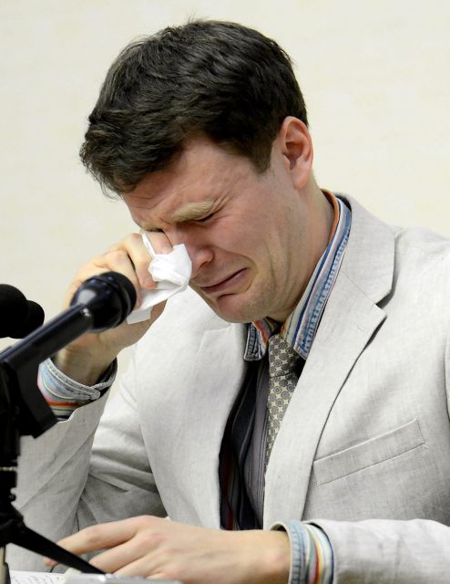 (FILES) This file photo taken on February 29, 2016 and released by North Korea's official Korean Central News Agency (KCNA) on March 1, 2016 shows US student Otto Frederick Warmbier (R), who is arrested for committing hostile acts against North Korea, wiping his tears as he speaks at a press conference in Pyongyang. US student, Otto Frederick Warmbier, evacuated from North Korea died on June 19, 2017 according to his family. / AFP PHOTO / KCNA / knca via kns / North Korea OUT / REPUBLIC OF KOREA OUT --- RESTRICTED TO EDITORIAL USE - MANDATORY CREDIT "AFP PHOTO / KCNA VIA KNS" - NO MARKETING NO ADVERTISING CAMPAIGNS - DISTRIBUTED AS A SERVICE TO CLIENTS THIS PICTURE WAS MADE AVAILABLE BY A THIRD PARTY. AFP CAN NOT INDEPENDENTLY VERIFY THE AUTHENTICITY, LOCATION, DATE AND CONTENT OF THIS IMAGE. THIS PHOTO IS DISTRIBUTED EXACTLY AS RECEIVED BY AFP. ---EDITORS NOTE--- RESTRICTED TO EDITORIAL USE - MANDATORY CREDIT "AFP PHOTO/KCNA VIA KNS" - NO MARKETING NO ADVERTISING CAMPAIGNS - DISTRIBUTED AS A SERVICE TO CLIENTS
