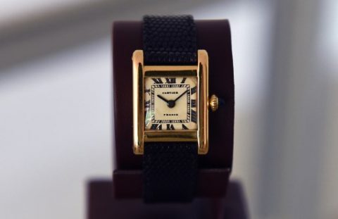 A Signed Cartier, Tank Model, Manufactured in 1962 belonging to Jacqueline Kennedy Onassis dubbed the "The Jacqueline Kennedy Onassis Cartier Tank" is display at Christie's in New York on June 20, 2017, a day before the Rare Watches and American Icons New York sale. / AFP PHOTO / TIMOTHY A. CLARY