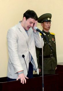 (FILES) This file picture taken and released from North Korea's official Korean Central News Agency (KCNA) on March 16, 2016 shows the trial of arrested US student Otto Frederick Warmbier (L) at the Supreme Court in Pyongyang. North Korea on June 23, 2017 denied it had tortured or mistreated Otto Warmbier, the US student who died after being released in a coma from the North. / AFP PHOTO / KCNA / KCNA / - South Korea OUT / REPUBLIC OF KOREA OUT ---EDITORS NOTE--- RESTRICTED TO EDITORIAL USE - MANDATORY CREDIT "AFP PHOTO/KCNA VIA KNS" - NO MARKETING NO ADVERTISING CAMPAIGNS - DISTRIBUTED AS A SERVICE TO CLIENTS THIS PICTURE WAS MADE AVAILABLE BY A THIRD PARTY. AFP CAN NOT INDEPENDENTLY VERIFY THE AUTHENTICITY, LOCATION, DATE AND CONTENT OF THIS IMAGE. THIS PHOTO IS DISTRIBUTED EXACTLY AS RECEIVED BY AFP. /