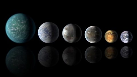 This NASA image obtained July 24, 2015 shows a newly discovered exoplanet, Kepler-452b, which comes the closest of any found so far to matching our Earth-sun system. This artist's conception of a planetary lineup shows habitable-zone planets with similarities to Earth: from left, Kepler-22b, Kepler-69c, the just announced Kepler-452b, Kepler-62f and Kepler-186f. Last in line is Earth itself. AFP PHOTO/NASA/JPL-CALTECH = RESTRICTED TO EDITORIAL USE / MANDATORY CREDIT: "AFP PHOTO HANDOUT-NASA/JPL-CALTECH/"/ NO MARKETING - NO ADVERTISING CAMPAIGNS / DISTRIBUTED AS A SERVICE TO CLIENTS= / AFP PHOTO / NASA / HO