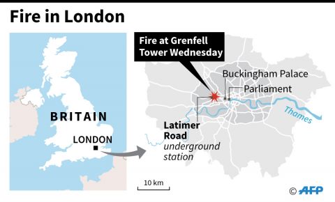 Map locating Grenfell Tower in London, site of a huge blaze in the early hours of Wednesday. (Agence France Presse)