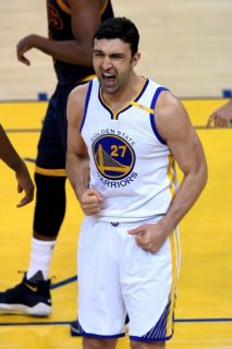 OAKLAND, CA - JUNE 01: Zaza Pachulia #27 of the Golden State Warriors reacts to a play against the Cleveland Cavaliers in Game 1 of the 2017 NBA Finals at ORACLE Arena on June 1, 2017 in Oakland, California. NOTE TO USER: User expressly acknowledges and agrees that, by downloading and or using this photograph, User is consenting to the terms and conditions of the Getty Images License Agreement. Thearon W. Henderson/Getty Images/AFP