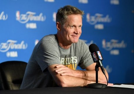 OAKLAND, CA - JUNE 04: Steve Kerr of the Golden State Warriors speaks at a press conference prior to Game 2 of the 2017 NBA Finals at ORACLE Arena on June 4, 2017 in Oakland, California. NOTE TO USER: User expressly acknowledges and agrees that, by downloading and or using this photograph, User is consenting to the terms and conditions of the Getty Images License Agreement. Thearon W. Henderson/Getty Images/AFP