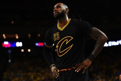 OAKLAND, CA - JUNE 04: LeBron James #23 of the Cleveland Cavaliers reacts against the Golden State Warriors during the second half of Game 2 of the 2017 NBA Finals at ORACLE Arena on June 4, 2017 in Oakland, California. NOTE TO USER: User expressly acknowledges and agrees that, by downloading and or using this photograph, User is consenting to the terms and conditions of the Getty Images License Agreement. Ezra Shaw/Getty Images/AFP
