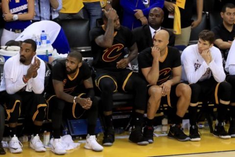 OAKLAND, CA - JUNE 04: LeBron James #23 of the Cleveland Cavaliers watches the conclusion of the game against the Golden State Warriors from the bench during the second half of Game 2 of the 2017 NBA Finals at ORACLE Arena on June 4, 2017 in Oakland, California. NOTE TO USER: User expressly acknowledges and agrees that, by downloading and or using this photograph, User is consenting to the terms and conditions of the Getty Images License Agreement. Ronald Martinez/Getty Images/AFP