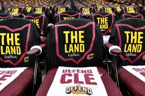CLEVELAND, OH - JUNE 07: T-shirts and towels sit on fans seats before game 3 between the Golden State Warriors and the Cleveland Cavaliers of the 2017 NBA Finals at Quicken Loans Arena on June 7, 2017 in Cleveland, Ohio. NOTE TO USER: User expressly acknowledges and agrees that, by downloading and or using this photograph, User is consenting to the terms and conditions of the Getty Images License Agreement. Jason Miller/Getty Images/AFP