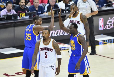 CLEVELAND, OH - JUNE 07: Kevin Durant #35 and Draymond Green #23 of the Golden State Warriors celebrate after a play in the first quarter against the Cleveland Cavaliers in Game 3 of the 2017 NBA Finals at Quicken Loans Arena on June 7, 2017 in Cleveland, Ohio. Jason Miller/Getty Images/AFP
