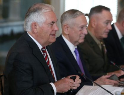 WASHINGTON, DC - JUNE 21: (L-R) U.S. Secretary of State Rex Tillerson, Defense Secretary Jim Mattis, and Joint Chief Chairman Joseph Dunford attend a security dialogue meeting with members of the Chinese government at the State Department, on June 21, 2017 in Washington, DC. Mark Wilson/Getty Images/AFP