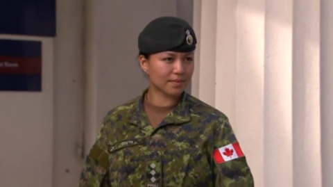 A Canadian soldier became the first woman from an infantry unit to take command of troops guarding Queen Elizabeth's Buckingham Palace residence in London on Monday (June 26).(photo grabbed from Reuters video)