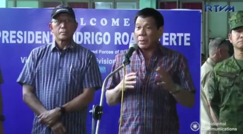 President Rodrigo Duterte answering reporters' questions during his visit on Sunday, June 11, in Camp Evangelista, Cagayan de Oro City to the wounded in action (WIA) soldiers and policemen in the Marawi fighting. (Photo grabbed from RTVM video)