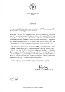 President Rodrigo Duterte's statement on the 119th Philippine Independence Day. (Courtesy Presidential Communications office)