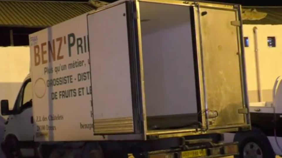 Seven illegal migrants were found dead in a refrigerated truck which was left abandoned on the shores of Qarabulli town, around 65km east of Tripoli. Photo grabbed from Reuters video file.