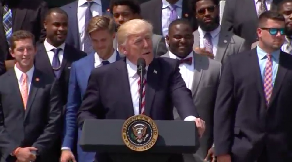 U.S. President Donald Trump hosted the Clemson Tigers college football team at the White House on Monday (June 12) to celebrate the team's national championship victory earlier this year. The president offered congratulations and spoke about what it takes to win. Photo grabbed from Reuters video file.
