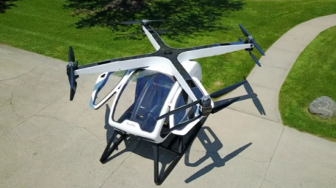 The SureFly two-seater octocopter is unveiled at the Paris Air Show ahead of test flights later this year. It's described by US makers Workhorse as "basically a massive drone" and an easy-to-operate personal flying machine.(photo grabbed from Reuters video)