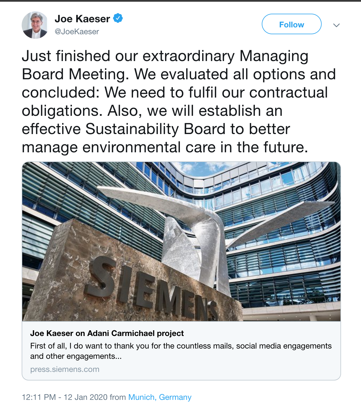 Twitter post of Siemen's CEO